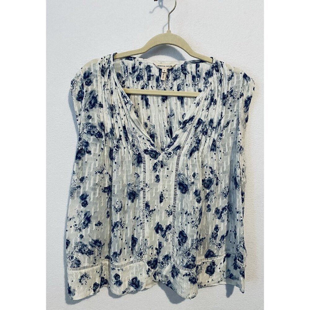 Rebecca Taylor Top Womens 12 Blue White Meteor Floral Silk Cotton Romantic Boho - Picture 2 of 8